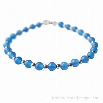 Blue agate bracelet, 925 sterling silver beads